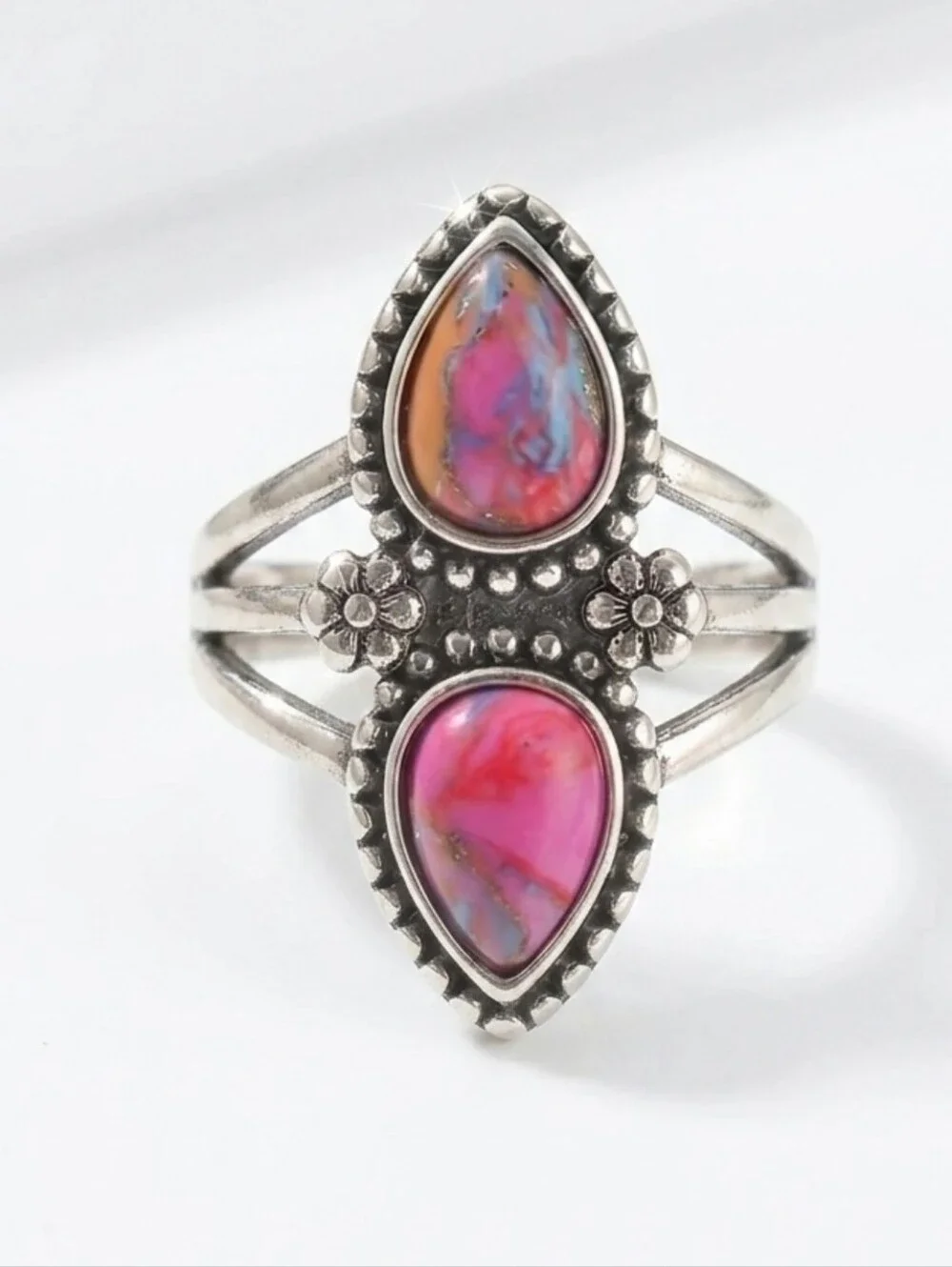 🩷 Boho Pink Spiny Oyster Turquoise Statement Ring Silver Plated Size 7